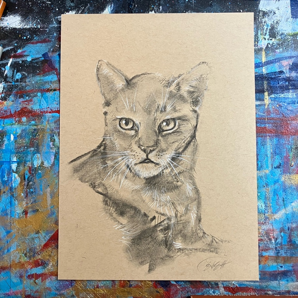 ORIGINAL Cat feline painting handmade art pastel charcoal home decor artwork USA